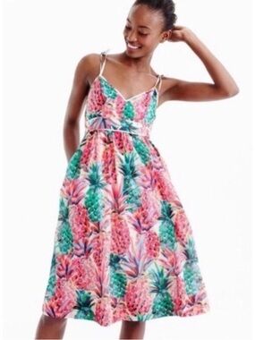 J. Crew Ratti Painted Pineapple Midi Dress Spaghetti Strap Pockets Cotton Lined